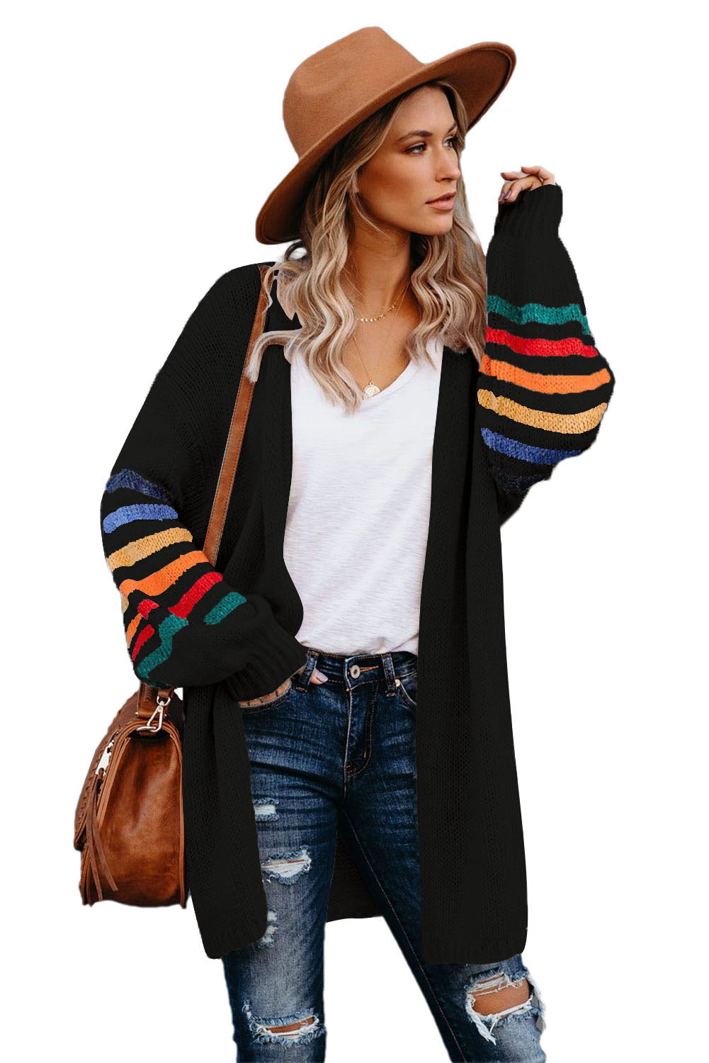 Striped Balloon Sleeve Cardigan