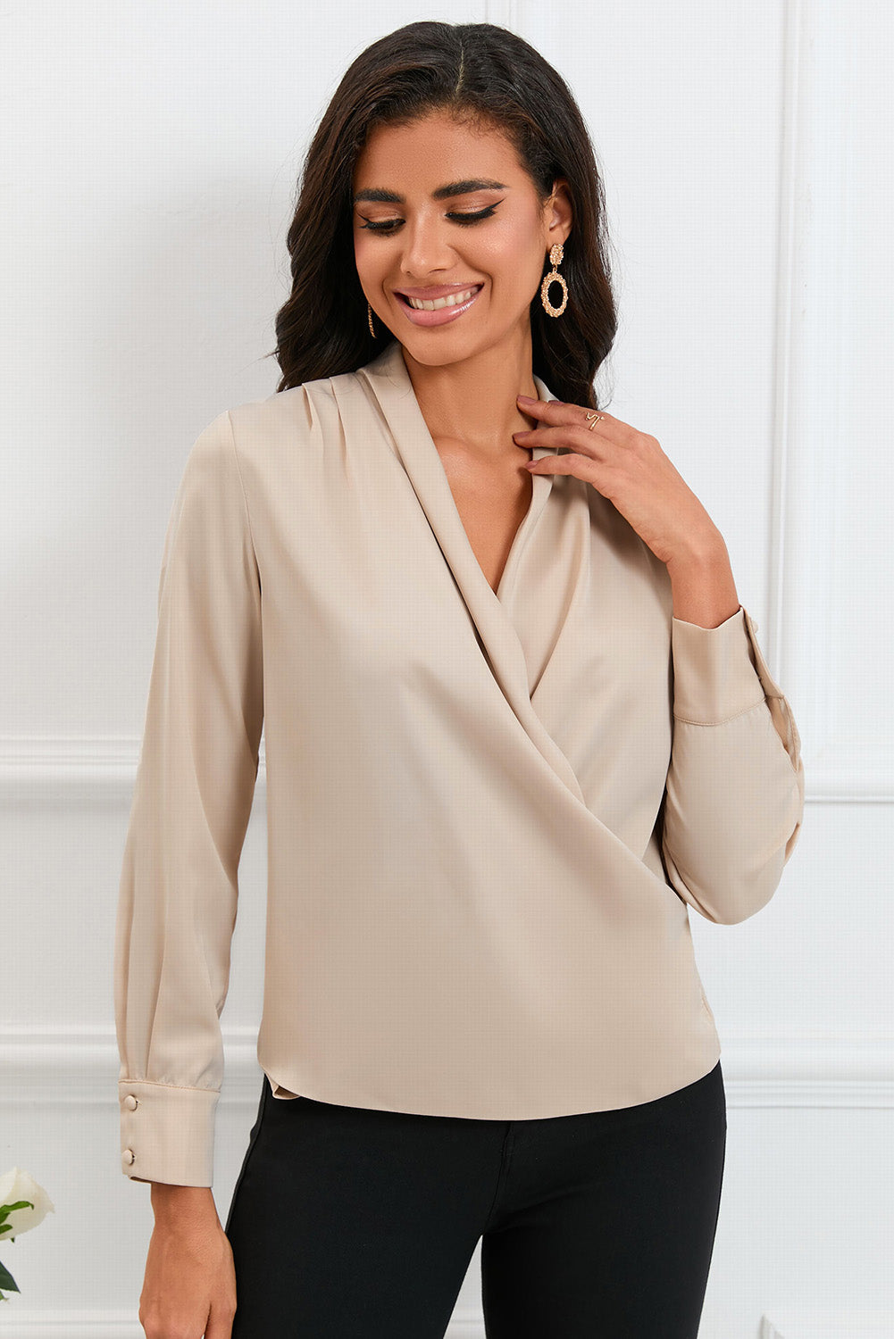 Solid Wrap V Neck Long Sleeve Top