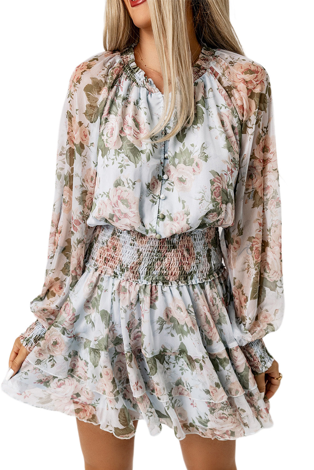 Floral Print Tiered Ruffled Shirred High Waist Mini Dress