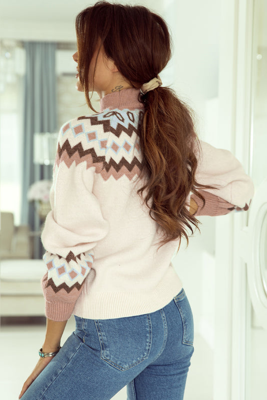 Geometric Pattern Ribbed Trim High Neck Sweater