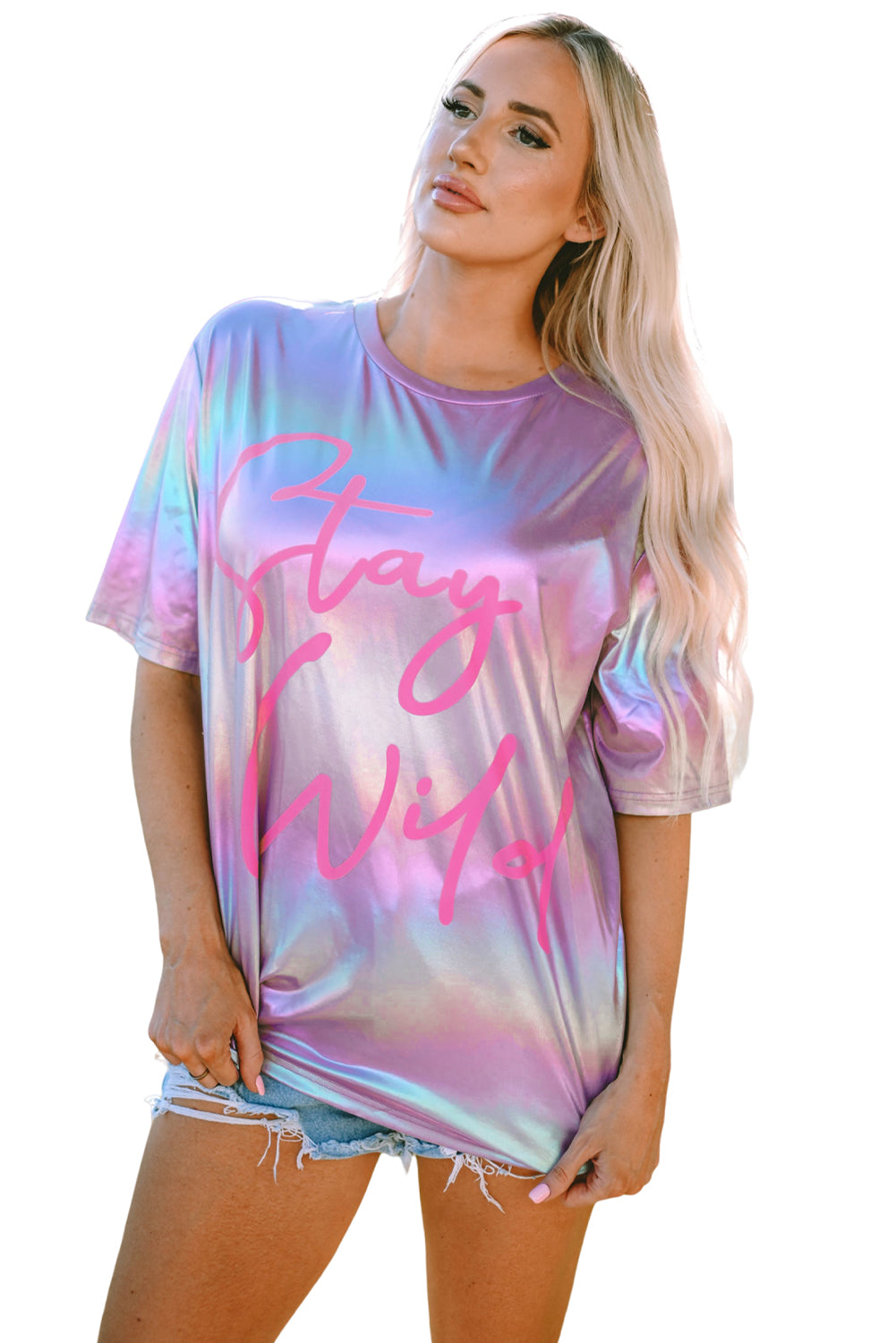 Shiny Iridescent Stay Wild Graphic Oversized Tee