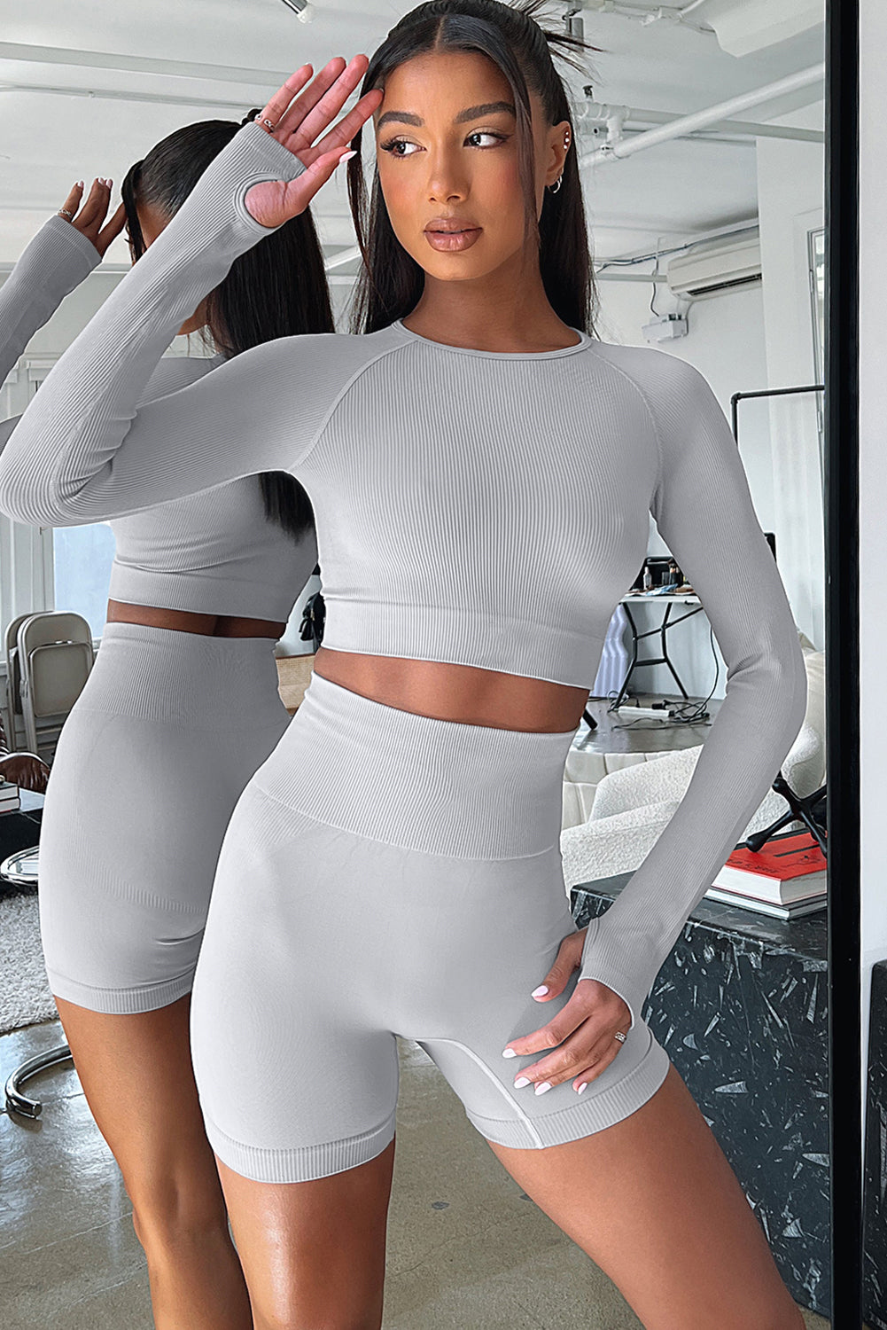 Long Sleeve Seamless Crop Smoke