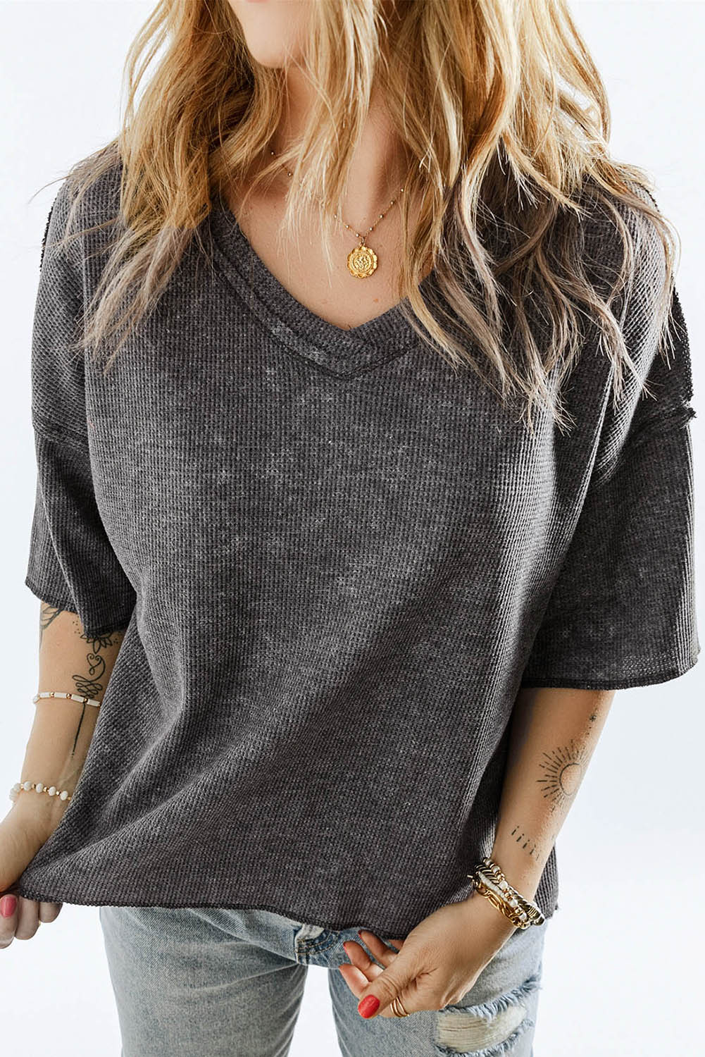 Waffle Knit Seamed Half Sleeve V Neck Top