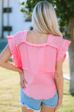 Blouse froissée effilochée rose en patchwork de dentelle à œillets