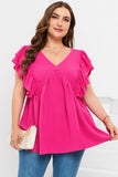 Crinkle Ruffled V Neck Plus Size Blouse