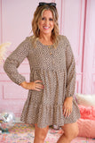 Leopard Spotted Print Tiered Long Sleeve Plus Size Dress