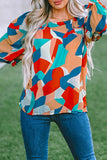 Abstract Pattern Crewneck Ruffled Puff Sleeve Blouse