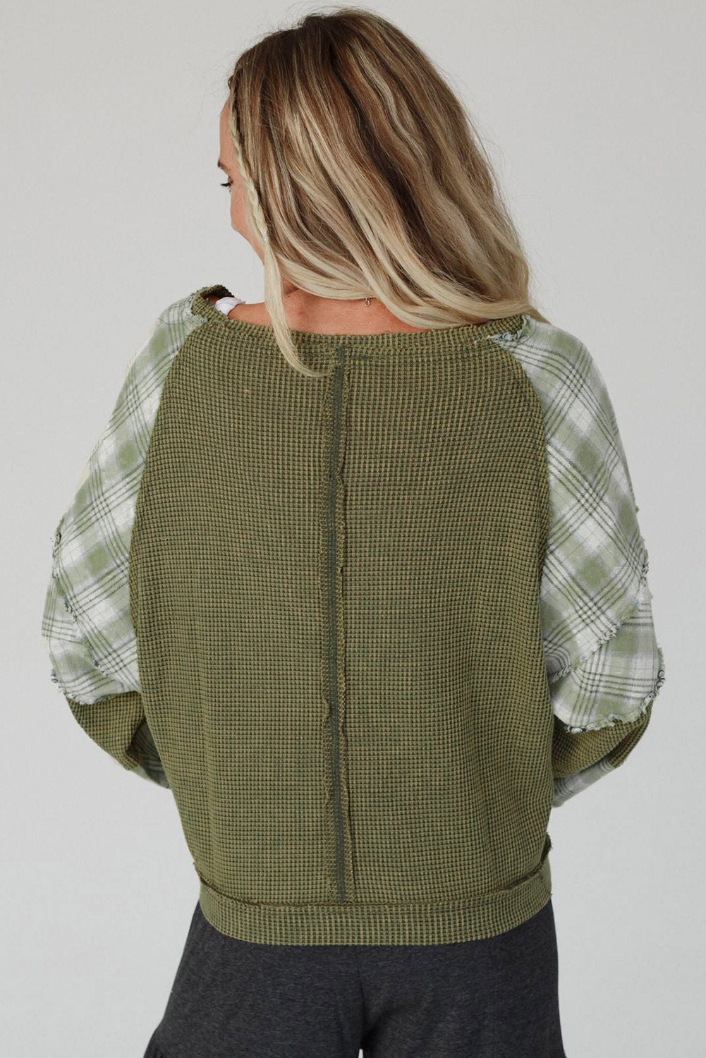 Plaid Patch Waffle Knit Exposed Seam Bubble Sleeve Top