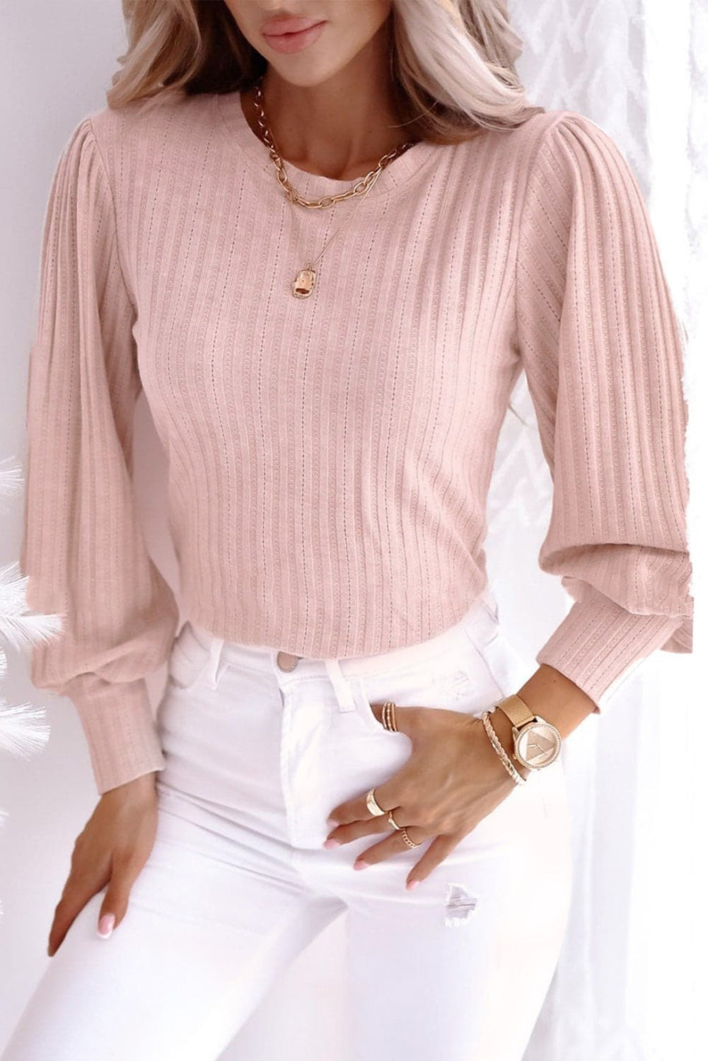 Pink Striped Texture Knitted Bishop Sleeve Top