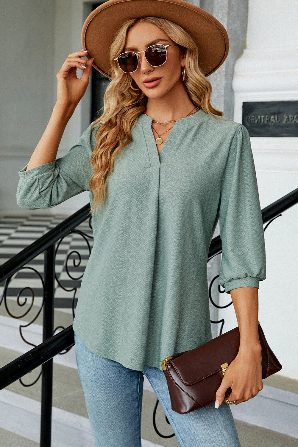 Jacquard Half Sleeve Split V-Neck Blouse