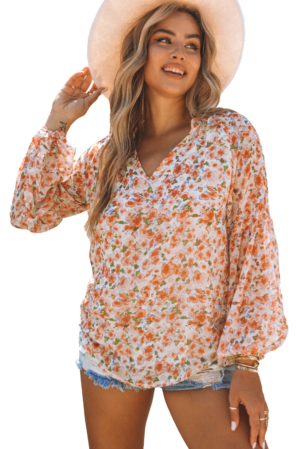 Green Floral Print V Neck Long Puff Sleeve Top