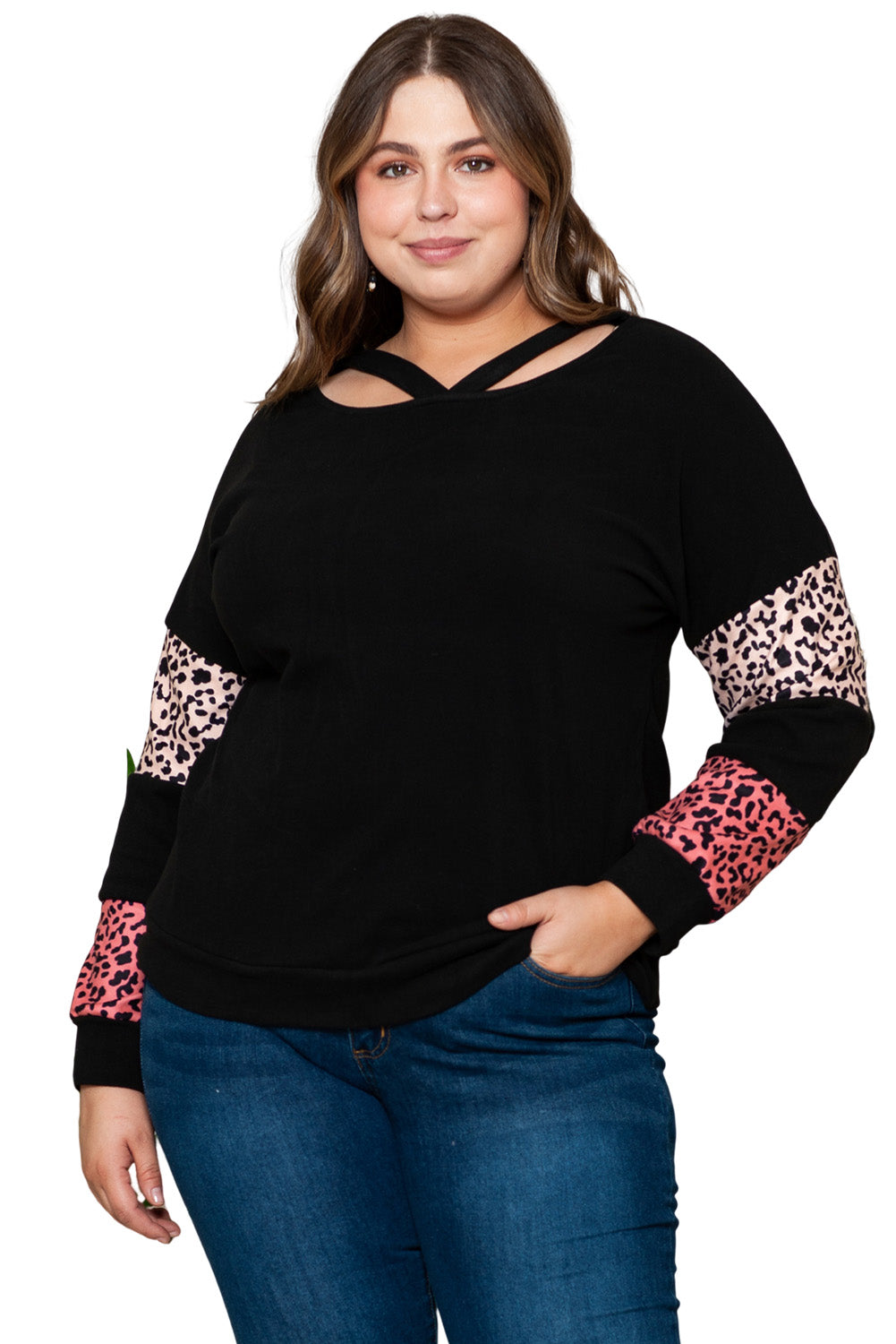 Plus Size Leopard Patchwork Strappy Neck Top