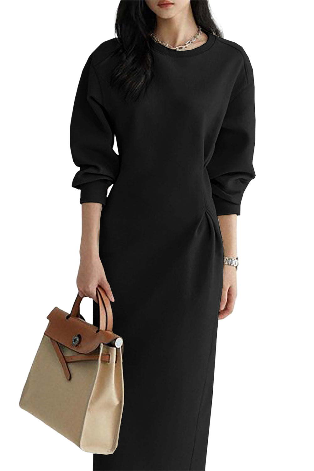 Solid Color Cinched Waist Long Sleeve Maxi Dress