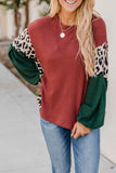 Leopard Splicing Waffle Color Block Puff Sleeve Top