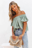 Off Shoulder Textured Ruched Ruffle Blouse