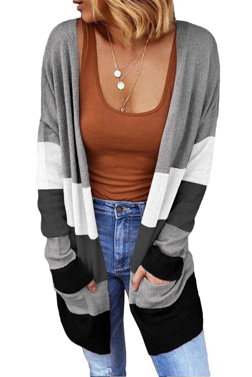 Open Front Colorblock Cardigan with Pockets