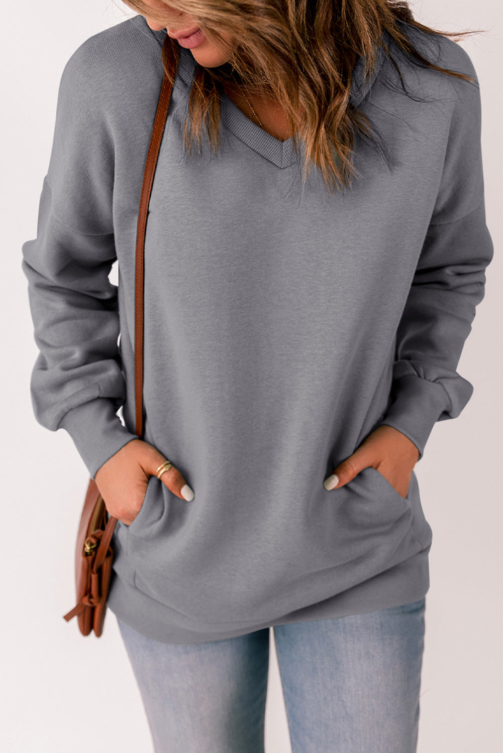 Ribbed V Neck Drop Shoulder Sweatshirt