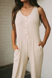 Sleeveless Buttoned Ribbed Wide Leg Jumpsuit with Pockets