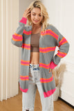 Stripe Printed Ribbed Long Knitted Cardigan