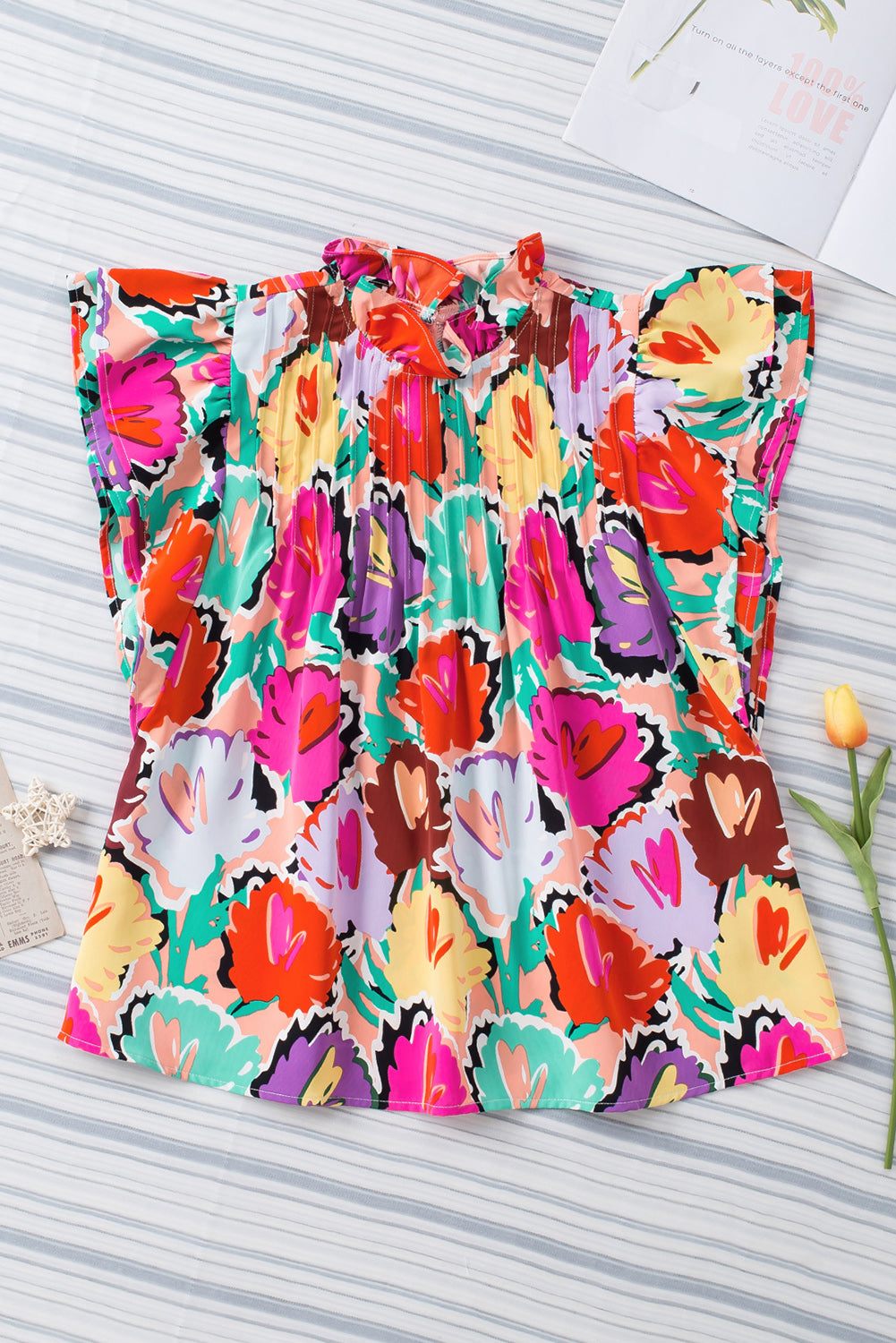 Abstract Floral Print Frilled Neck Pleated Blouse