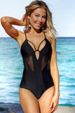 Mesh Hollow-out Criss Cross One-piece Swimsuit