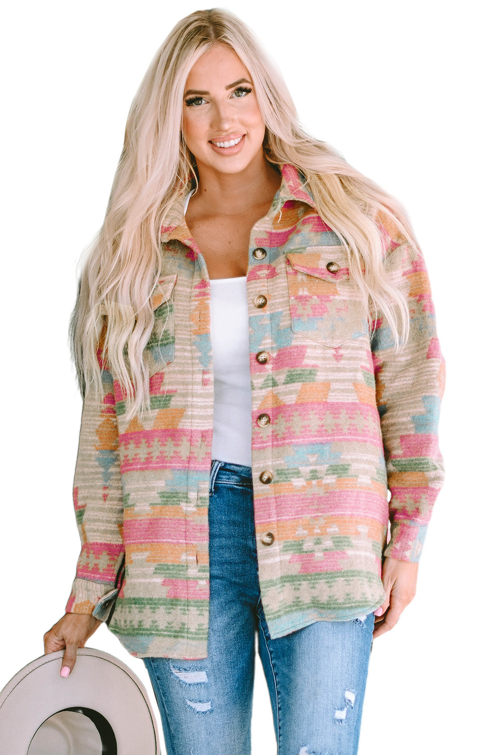 Multicolor Plus Size Flap Pockets Aztec Print Jacket