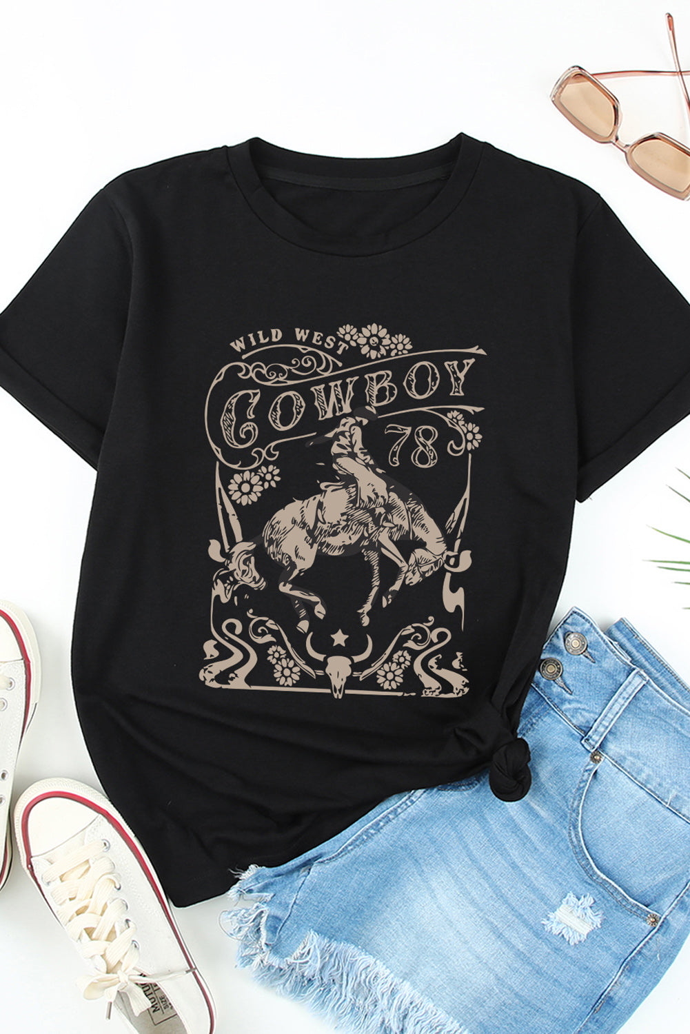 T-shirt noir à col rond graphique Western COWBOY 78 