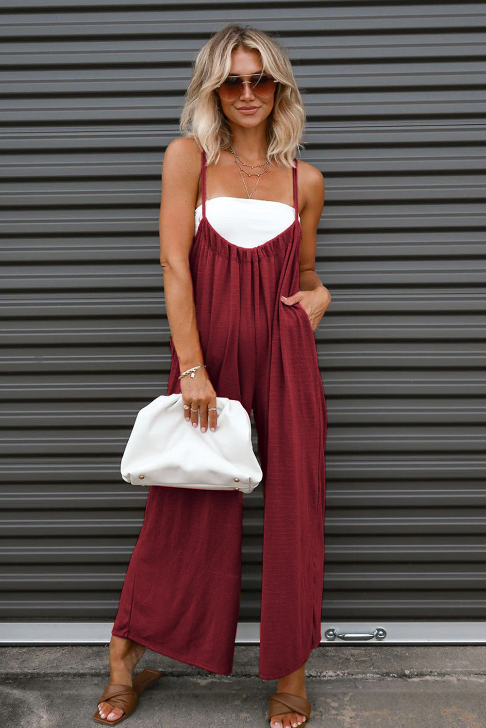 Solid Spaghetti Strap Wide Leg Overall