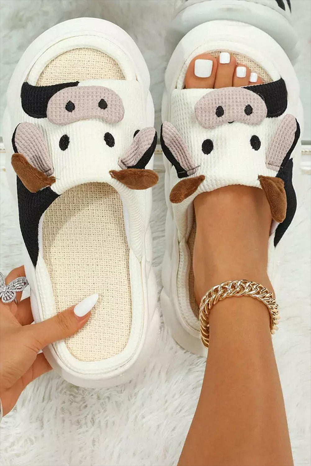 White Cartoon Animal Cow Plush Slippers