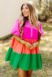 Multicolor Crinkle Bubble Sleeve Color Block Blouse