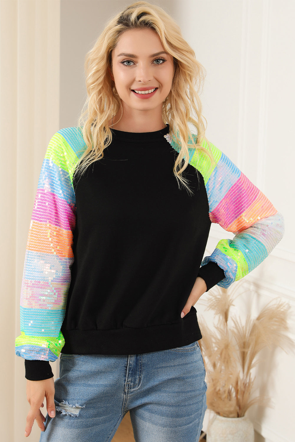 Sequin Color Block Raglan Sleeve Pullover Sweatshirt