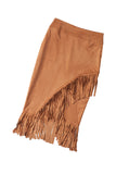 Fringe Asymmetric Wrap Suede Midi Skirt