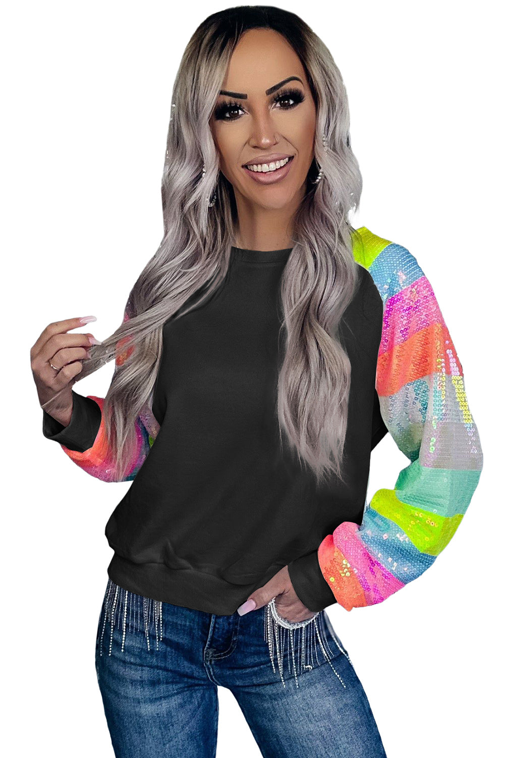 Sequin Color Block Raglan Sleeve Pullover Sweatshirt