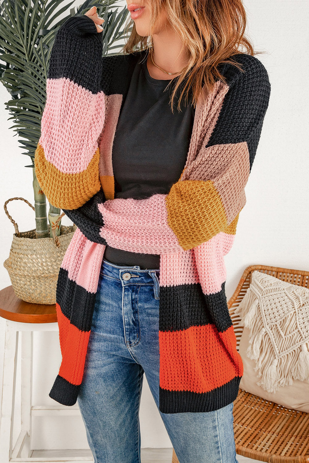 Waffle Knit Color Block Open Front Cardigan