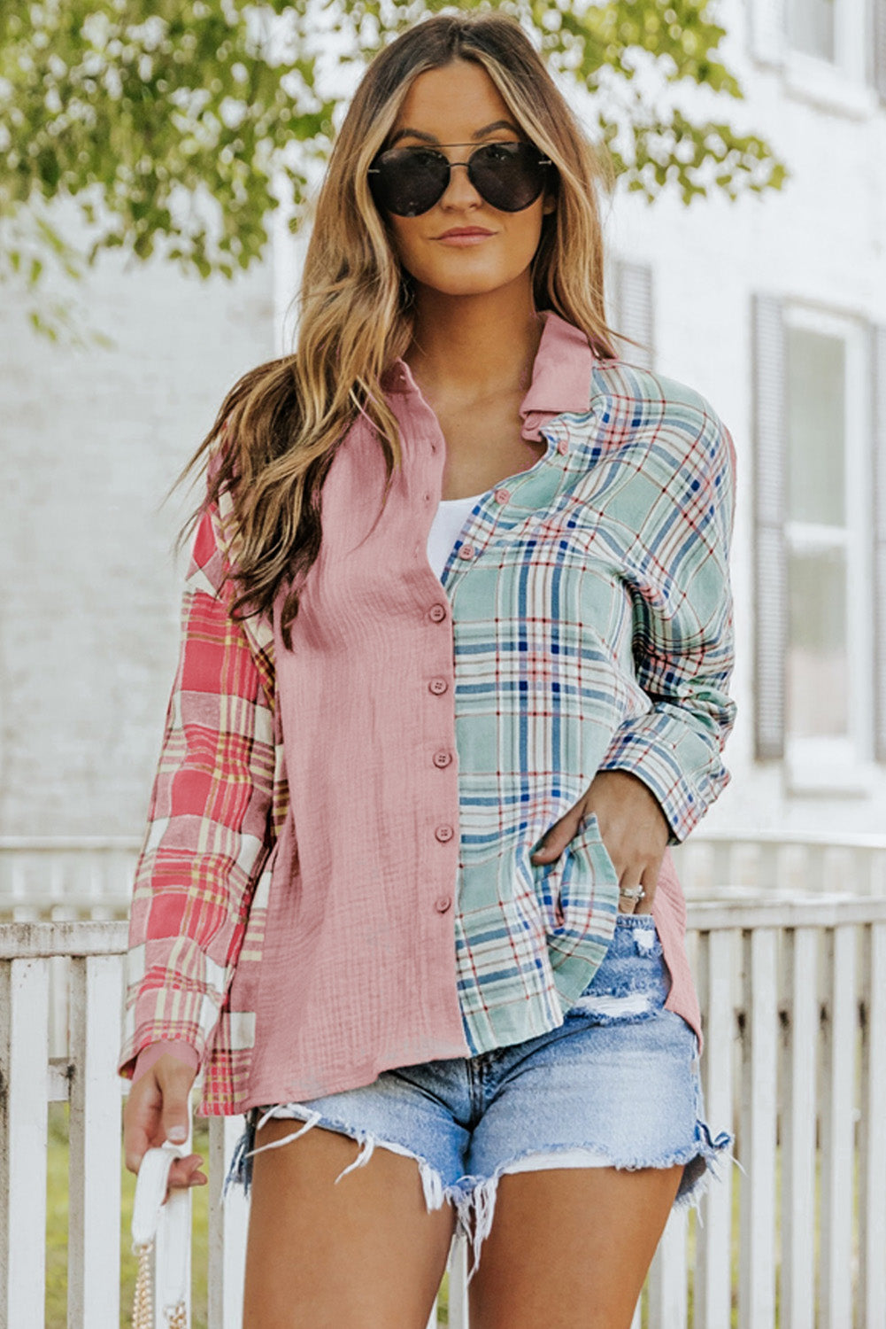 Plaid Contrast Color Block Shirt