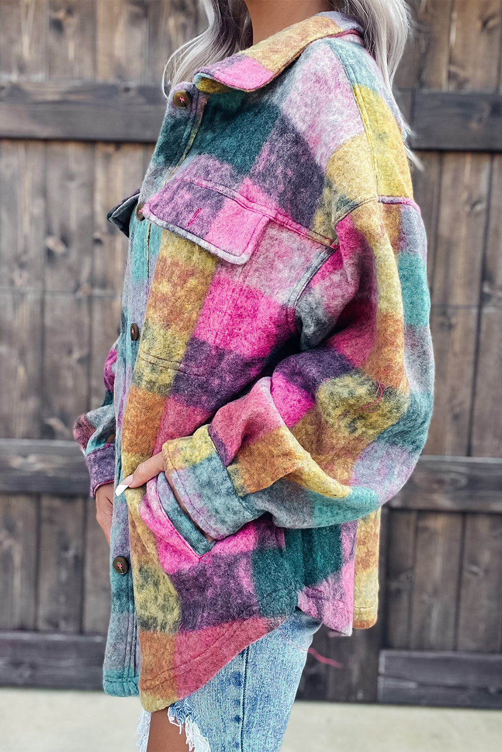 Veste longue surdimensionnée à poches et carreaux brossés multicolores