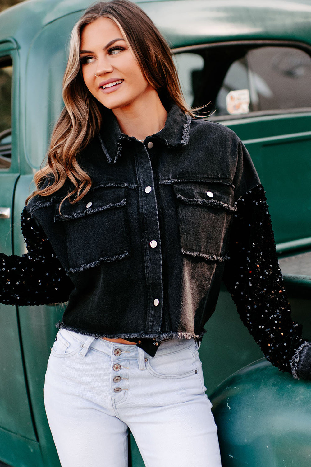 Sequin Sleeve Pocketed Raw Hem Denim Jacket