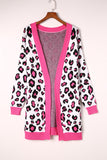 Leopard Ribbed Trim Knitted Open Front Long Cardigan