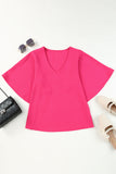 Plain Flounce Bell Sleeve V Neck Blouse