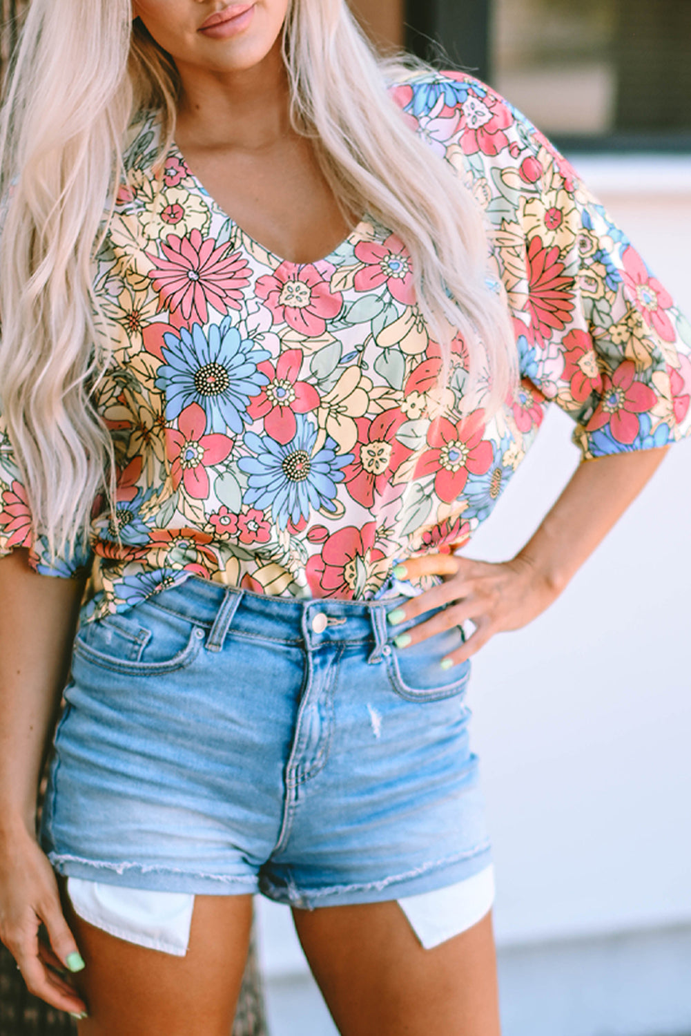 Floral Print V Neck Half Sleeve Blouse