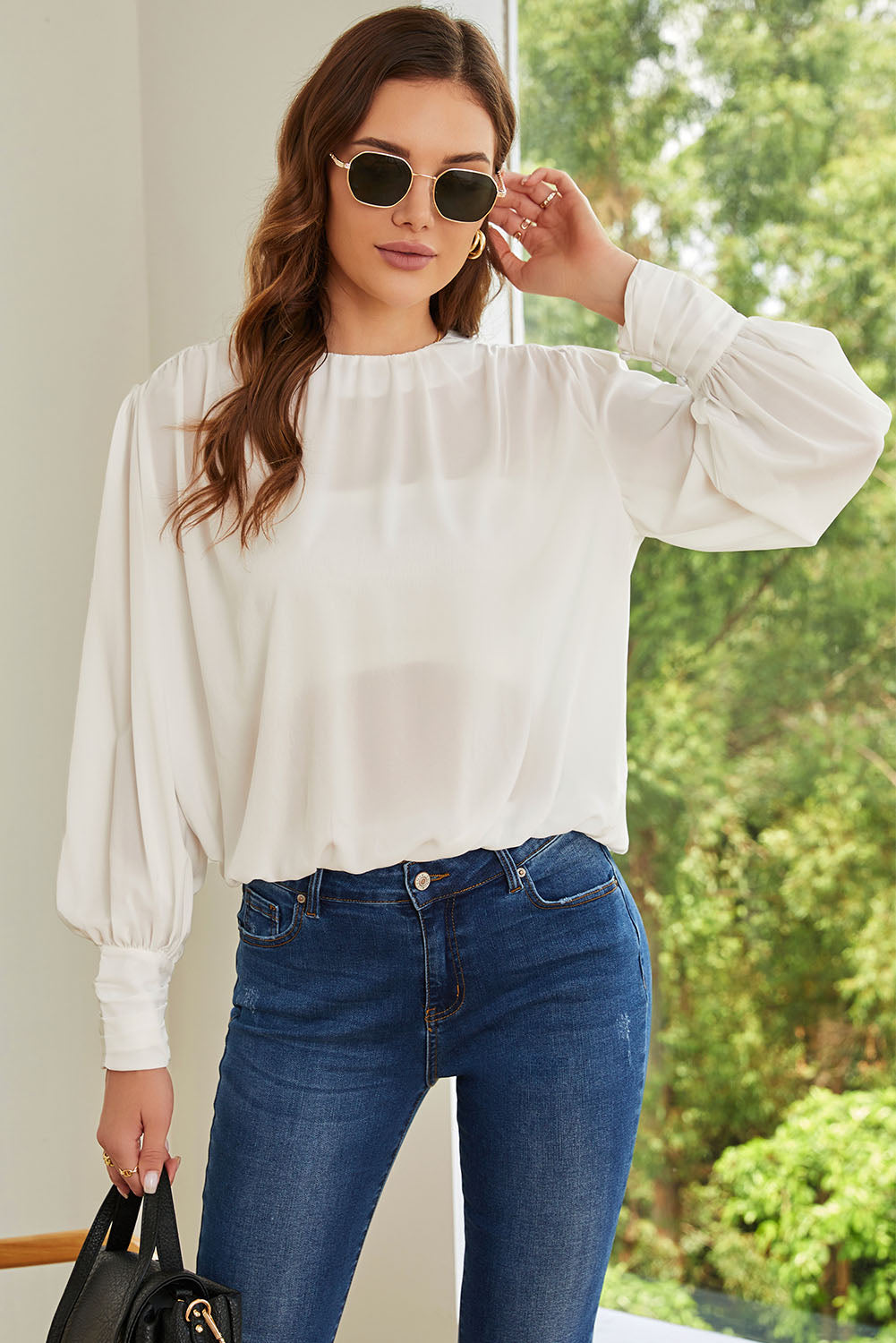 Padded Shoulder Buttoned Cuffs Pleated Loose Blouse