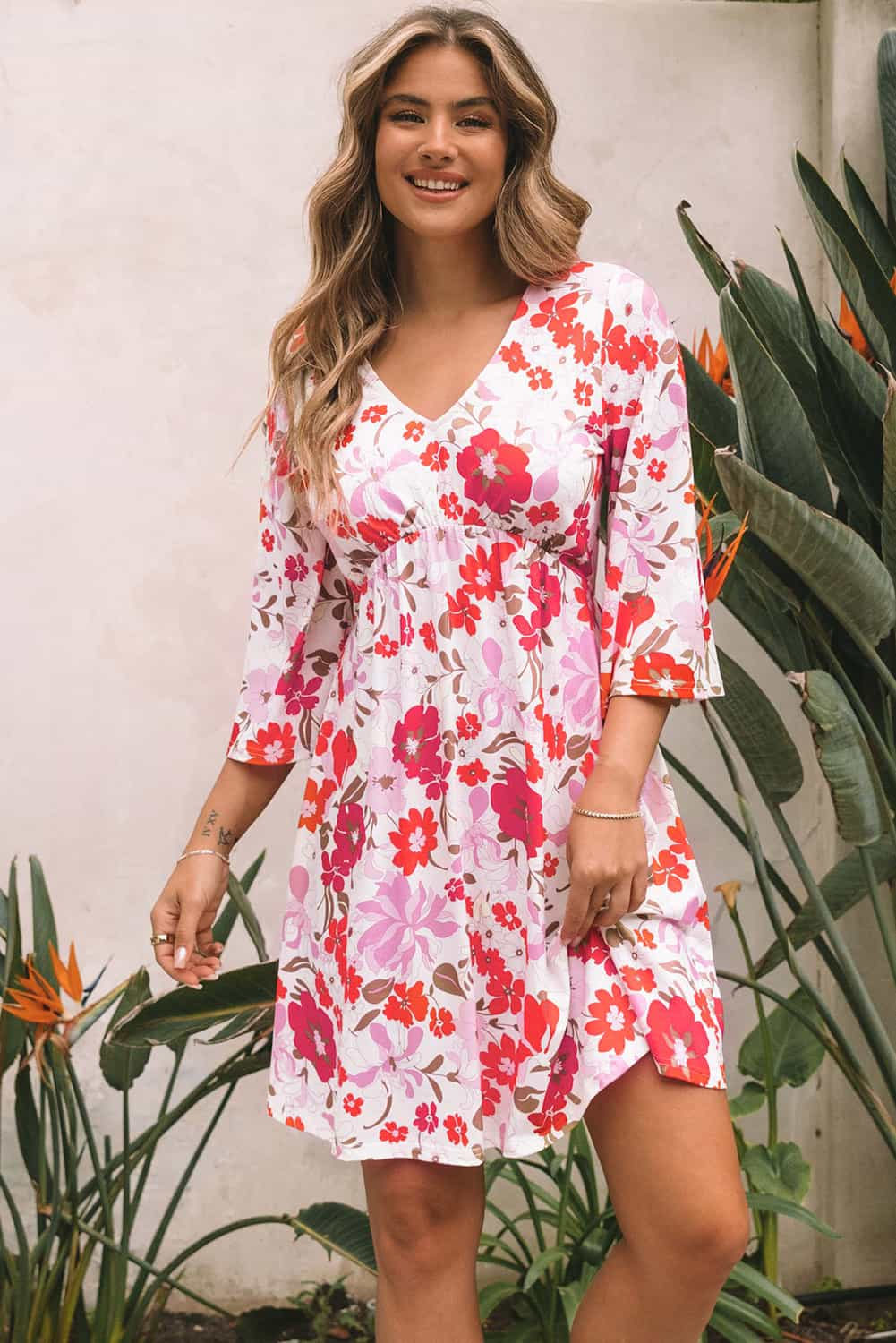 V Neck 3/4 Sleeve Floral Dress