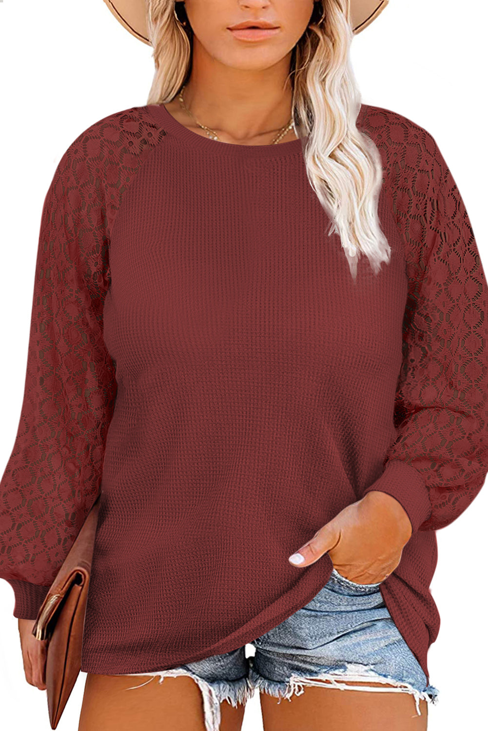 Khaki Lace Long Sleeve Textured Pullover