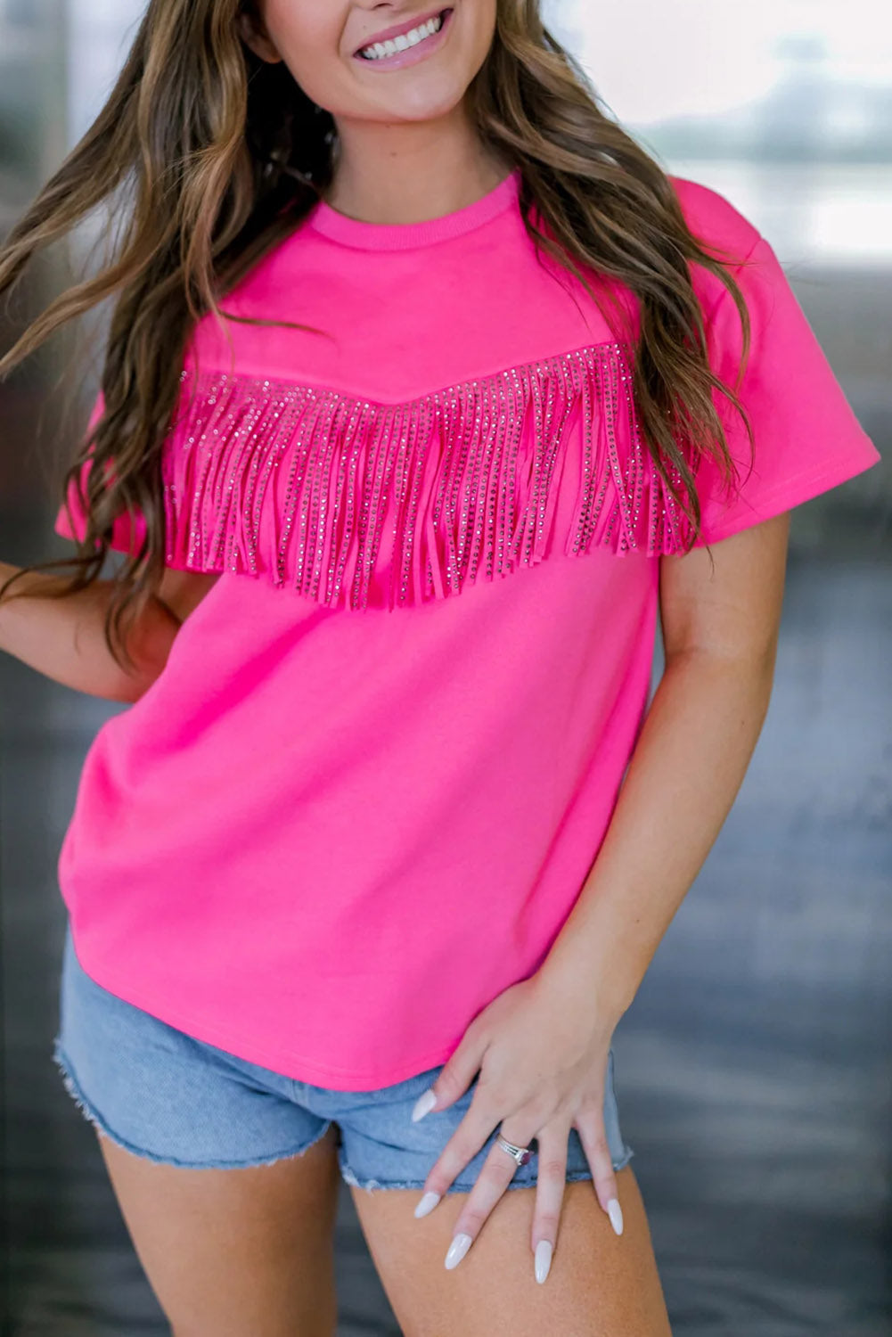 Rhinestone Fringed Short Sleeve T-shirt