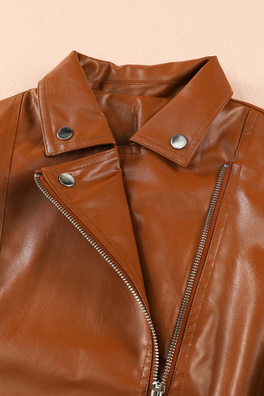 Ribbed Seam Detail Faux Leather Zipped Motorcycle Jacket