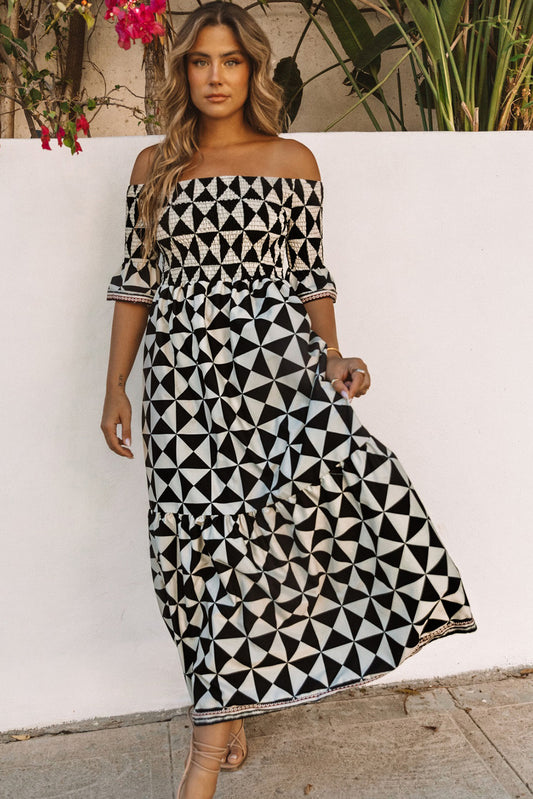 Printed Smocked Off Shoulder Ruffle Sleeve Maxi Dress