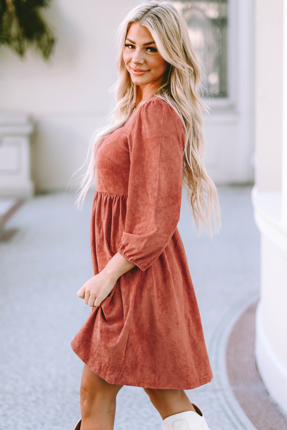 Black Suede Square Neck Puff Sleeve Dress