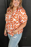 Orange Plus Size Floral Print Drawstring V Neck Short Sleeve Blouse