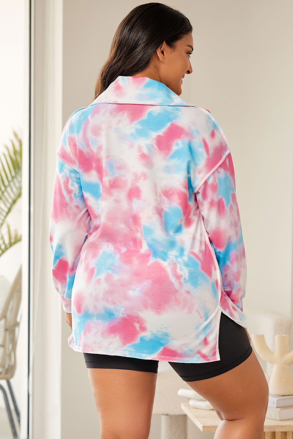 Plus Size Tie-dye Zipped Collared Pullover Sweatshirt