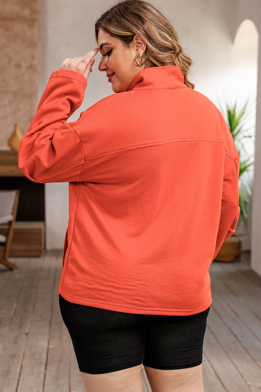 Orange O-ring Zipper Pocketed Plus Size Sweatshirt